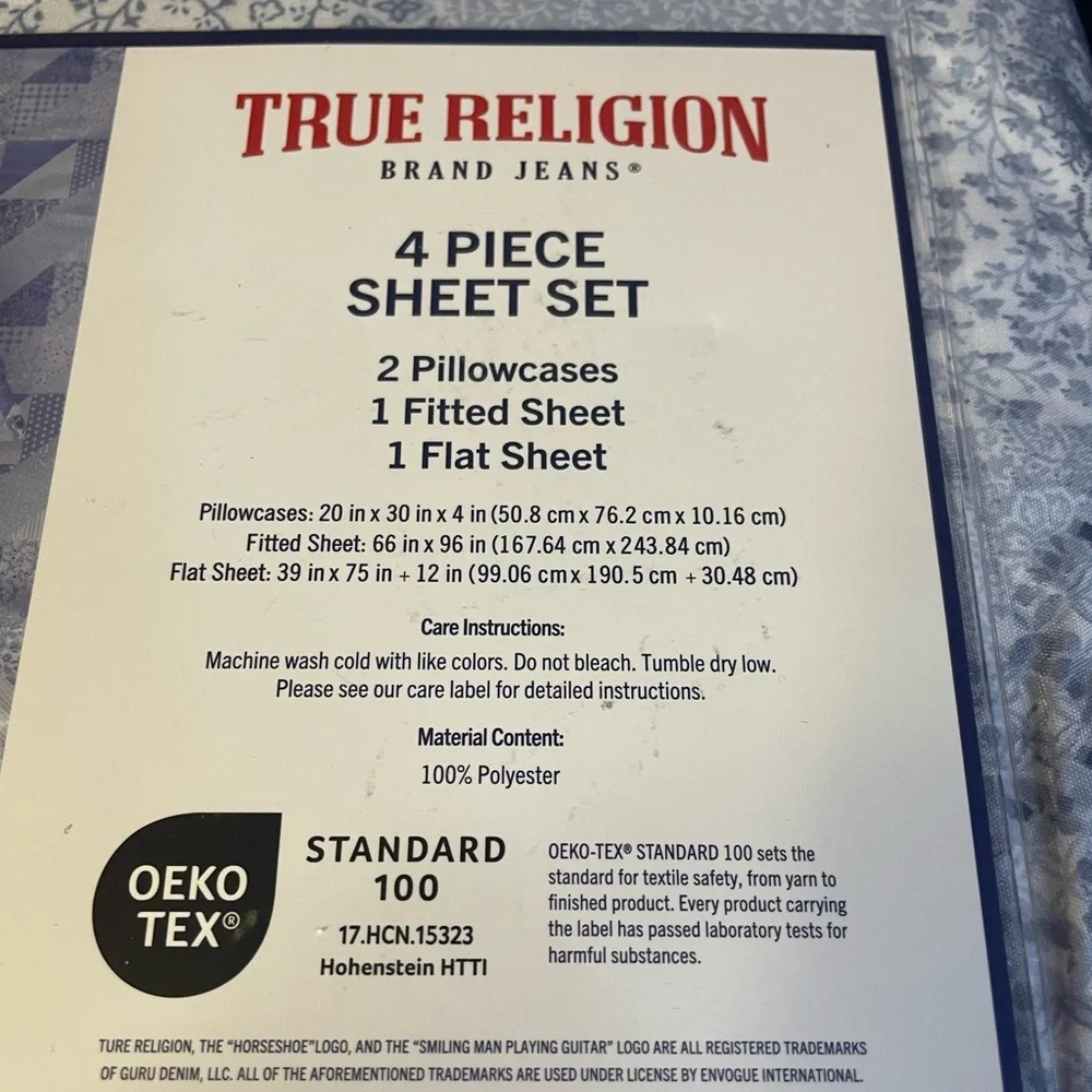 True Religion Quilt Patchwork-Like Blues White 4-pc Twin Sheet Set NEW NIP
